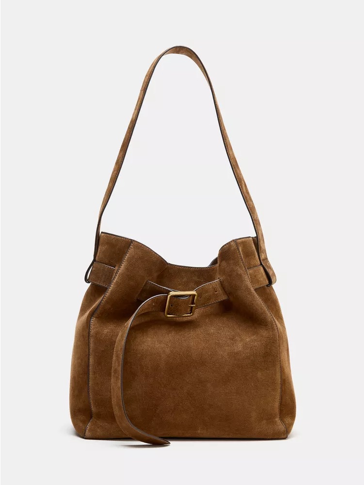 Suede 100% Real Leather Bucket Shoulder Bag In Brown With Belt Detail